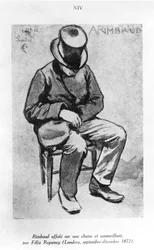 Arthur Rimbaud (1854-91) accasciato su una sedia e addormentato, a Londra, 1872